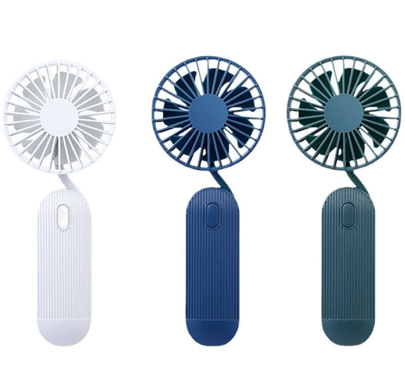 	Rechargeable neck fan in white, dark blue, and dark green color options