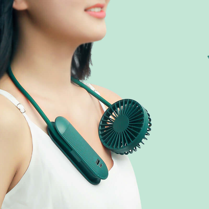 	Rechargeable neck fan USB charging port and 3-speed control