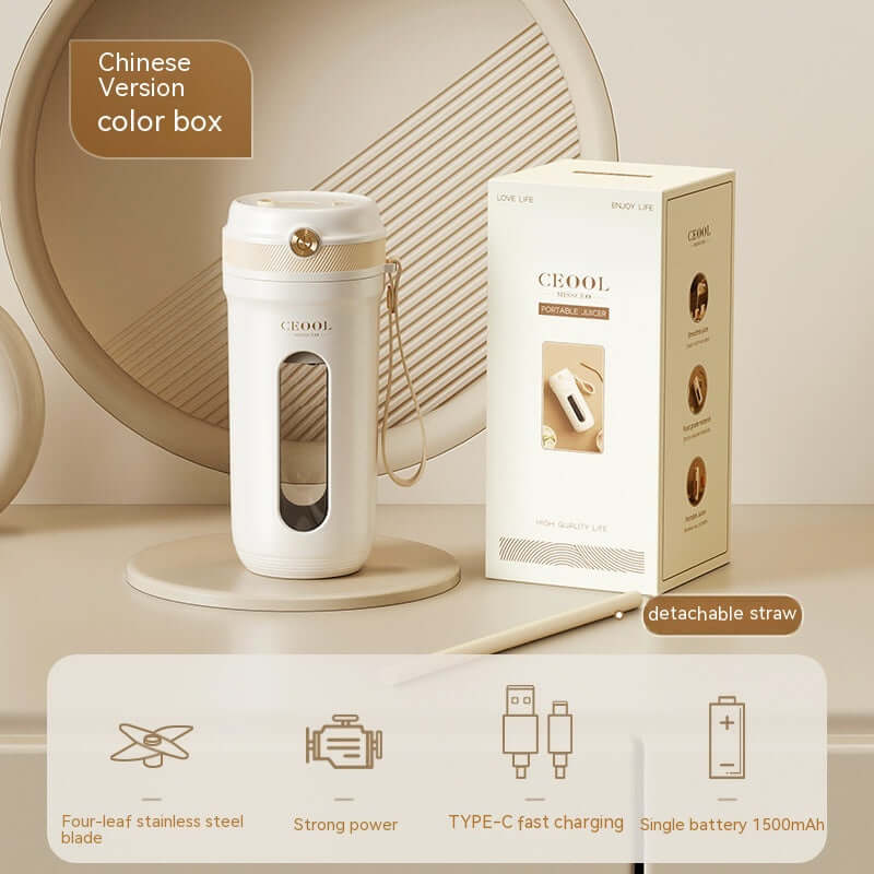 Portable juicer cup with charging cable and straw